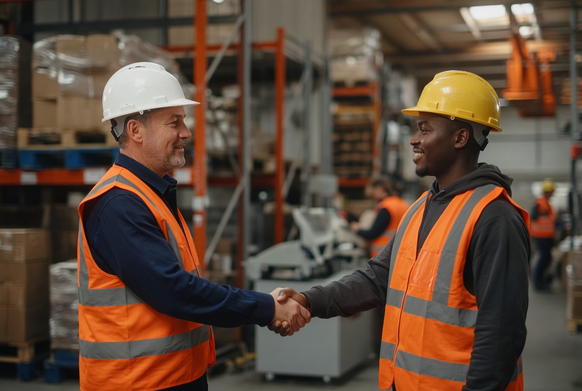 Employer and staffing manager shaking hands on the warehouse floor