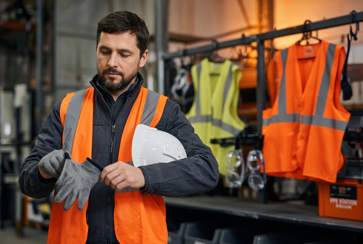 Warehouse associate wearing full PPE and a hi-vis vest