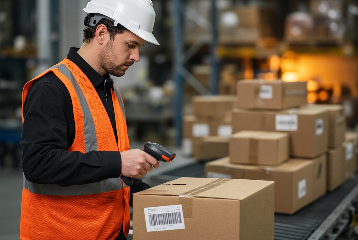 Warehouse worker scanning a package barcode